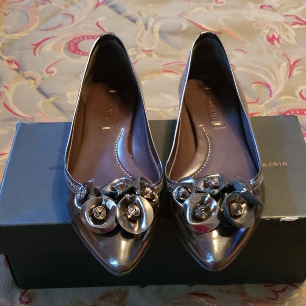 Leather Floral Detail BCBG Metallic Flat Shoes